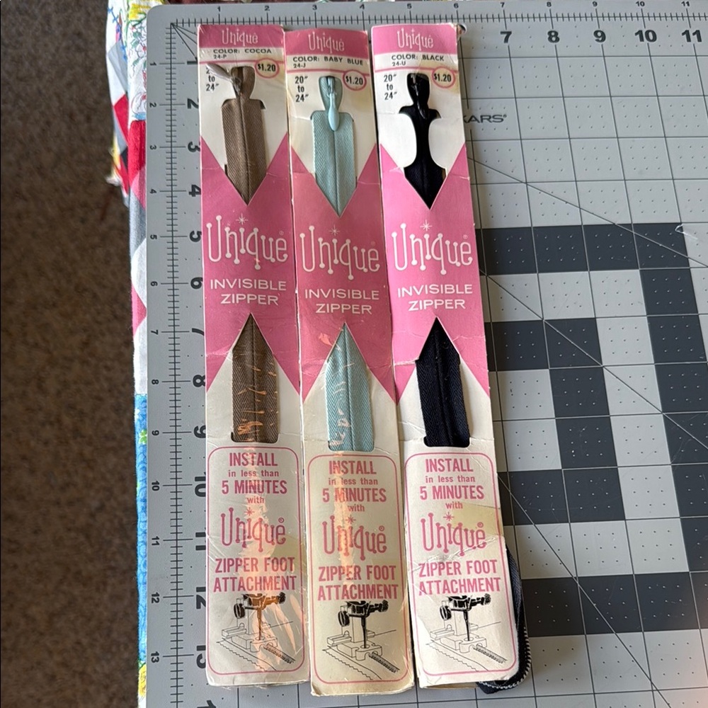 Set of 3 Vintage Unique Invisible Zippers – 20”–24” – Cocoa, Baby Blue, Black